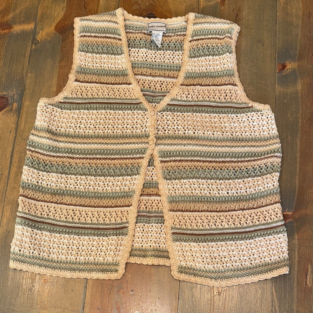 Napa Valley Striped Knit Cardigan Vest - Cream and Green